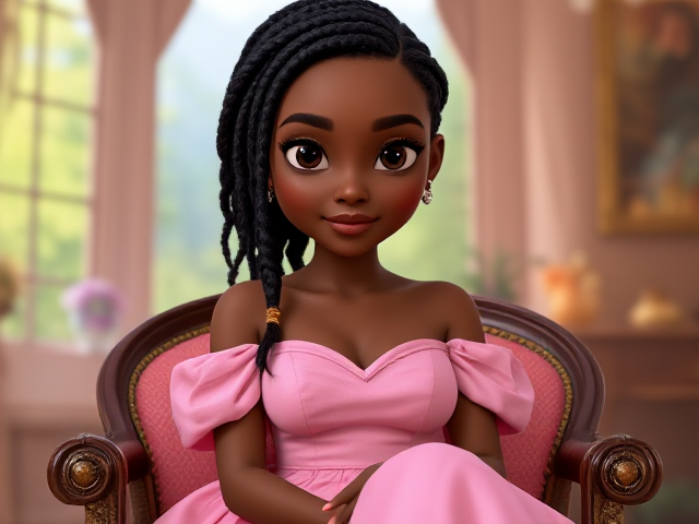 jeune femme noire de 19 ans avec des tresses, portant une élégante robe rose, assise gracieusement sur une chaise dans un environnement lumineux et détaillé