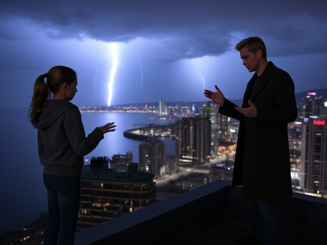 A petite 13-year-old girl with strawberry blonde hair in a ponytail, wearing a hooded pullover and jeans, is standing on the roof ledge of a night club. Next to her on the roof, standing nearby is a modern-day, pale skinned vampire in his late twenties, with blonde hair, dressed in a brown trench coat and jeans. He appears uneasy as he looks at her, holding his hands out and taking a step back. The girl gestures angrily at him, flailing her arms and scowling at him in frustration. A thunderstorm approaches the cityscape from the sea shore. Set at night.