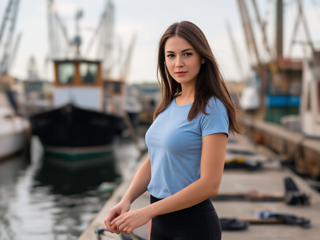 Brunette wearing a light blue t shirt and dark black leggings working on the docks
