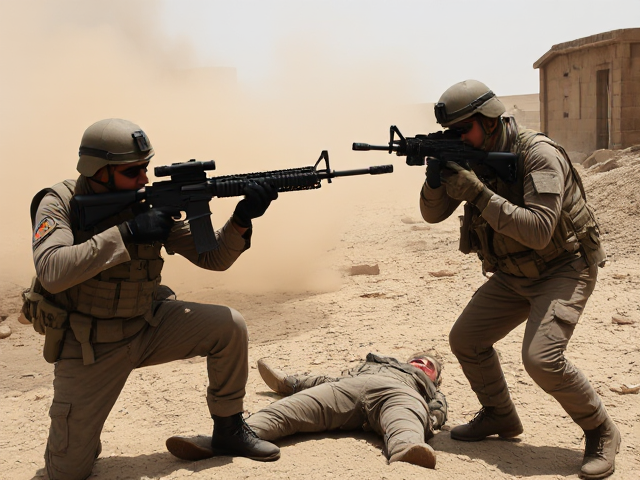 American Soldier's get into a gunfight with terrorists in afghanistan, both terrorist and soldier are visible, smoke and explosions, dead body