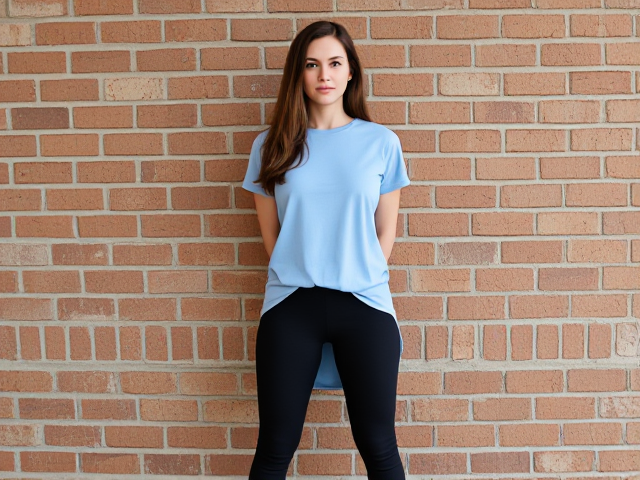 finite brunettes hair down wearing a light blue t shirt that goes to her knees and black yoga pants lined up against a brick wall