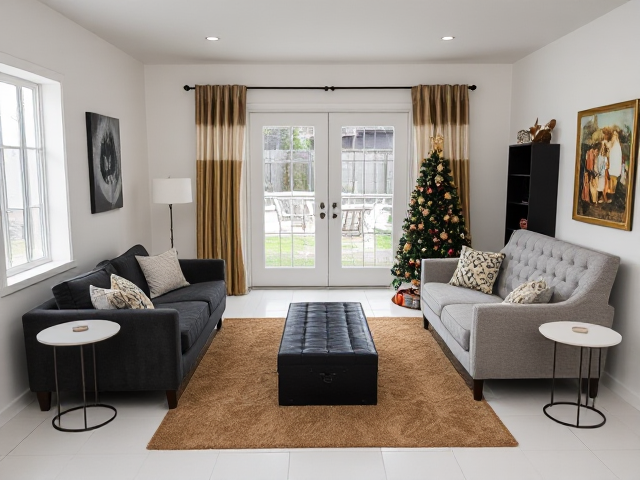 a small enclosed living room with absolutely no windows, just white walls on both sides, only one white double french door facing me with space on both sides of the door, french doors lead to backyard, white tiles, 2 charcoal grey furniture, and one really high back light gray love seat with rhinestones that seats two persons, tan area rug and 3x5ft black bookshelf, absolutely no furniture in front of the french doors, two white round end tables with black metal legs, one 2x5 ft tan book shelf, living room is decorated for christmas with ONE big black and gold christmas tree and gold and white ombre curtains on the french doors, black trunk in the center of the rug, one tan 2x5ft bookshelf