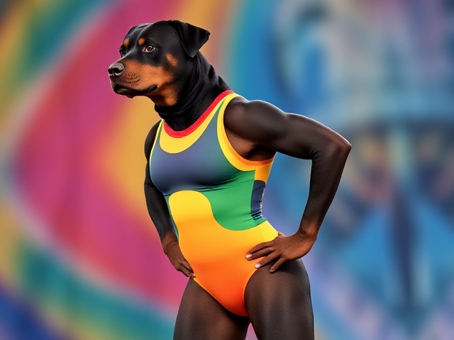 Anthropomorphic Rottweiler with strong hips, wearing a colorful gymnastics leotard, in an athletic pose, vibrant background