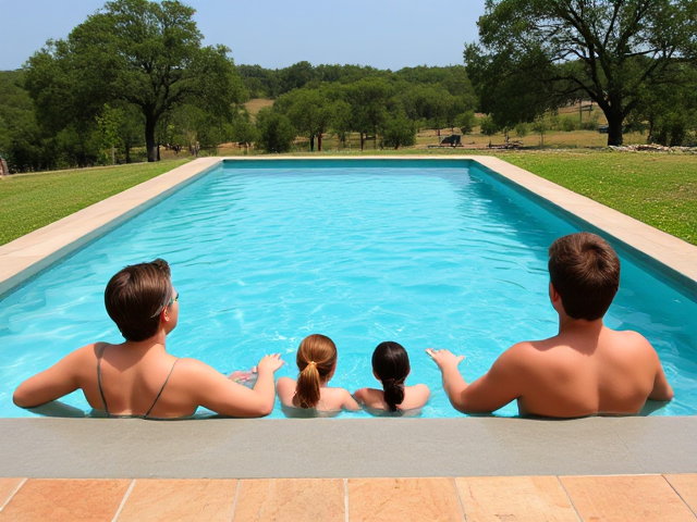 Crea una familia mirando bañándose en una piscina. disfrutando, en una finca. Y detrás debes hacer arboles. Debe haber mucha naturaleza, y deben estar disfrutando en la piscina por lo menos debe haber 10 personas