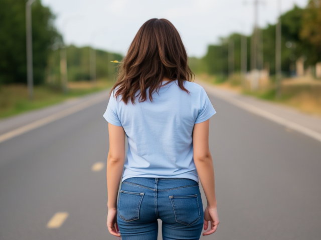 Brunette wearing a light blue t shirt and blue jeans on the road full body view with a dart in her neck