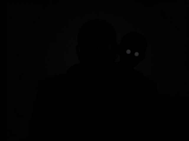 A animated image in the style of the walking dead a silhouette of a young bald Muslim man with a bushy beard and wearing black-framed eyeglasses is seen sitting in a dark room surrounded by darkness with a separate shadow entity clinging to his shoulders only having grey eyes and on the body the entity has the word Depression on it.