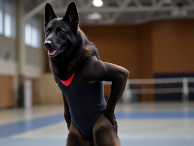 Anthropomorphic black German shepherd wearing a gymnastics leotard, posing with emphasis on its hips in a gymnasium setting, detailed and vibrant colors