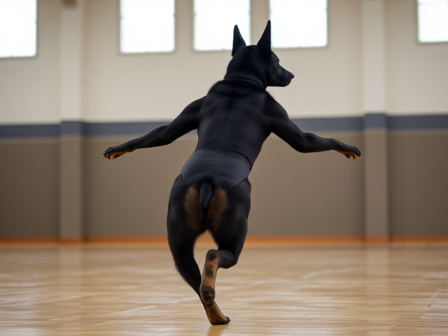 Anthropomorphic black German shepherd, wearing a gymnastics leotard, performing in a gymnasium, dynamic pose