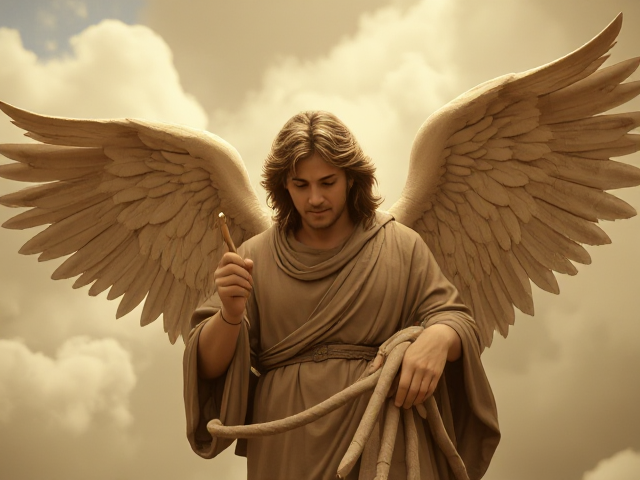 Old arabic letters spoken by angel being written by man