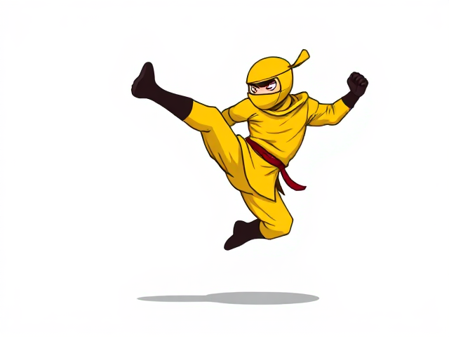 cartoonish 8 bit yellow ninja jump-kicking against a blank white background