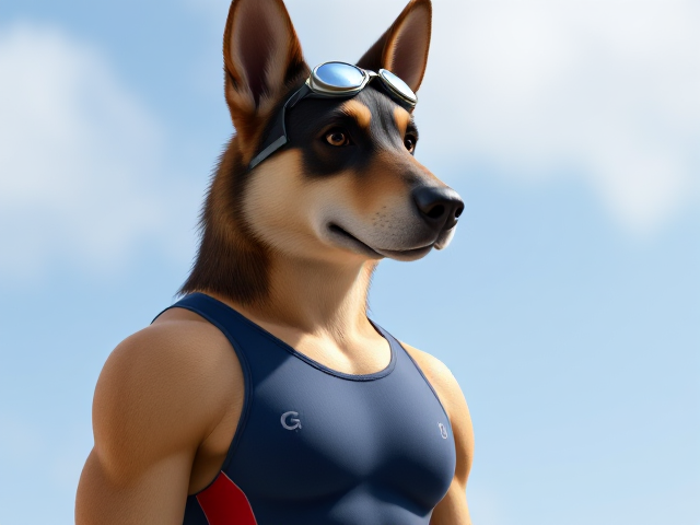 A tall anthropomorphic German shepherd Olympic swimmer with a long torso and broad shoulders wearing a racing swimsuit and goggles