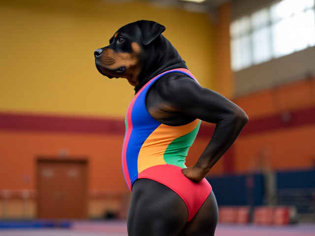 Anthropomorphic Rottweiler wearing a colorful gymnastics leotard, emphasizing its strong hips, in a vibrant gymnasium setting