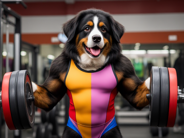 Anthropomorphic Bernese mountain dog wearing a colorful leotard, lifting a barbell in a gym setting, detailed fur texture and muscular build, vibrant colors