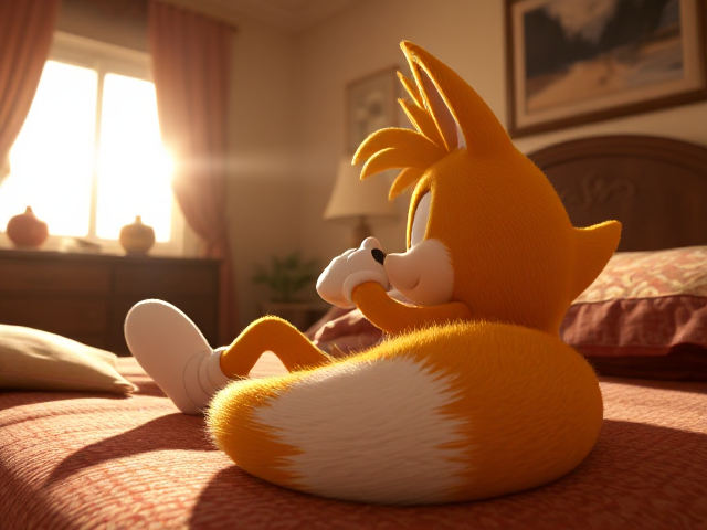 A highly detailed and realistic side shot of Miles Tails Prower, the two-tailed anthropomorphic fox from the Sonic the Hedgehog video game series, laying on his back on a bed in a well-decorated and lifelike bedroom with intricate textures in the a very adorable pose, soft lighting that highlights the fur details, surrounded by cozy elements like pillows and blankets, with rich color palettes, visible wood grain furniture, and subtle background decorations such as framed pictures and ambient light sources