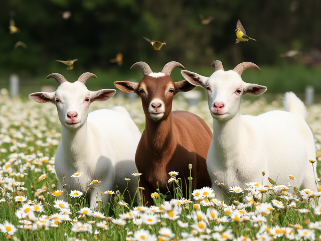 Three goats playing in a field of daisies with honeyeater birds flying around their heads