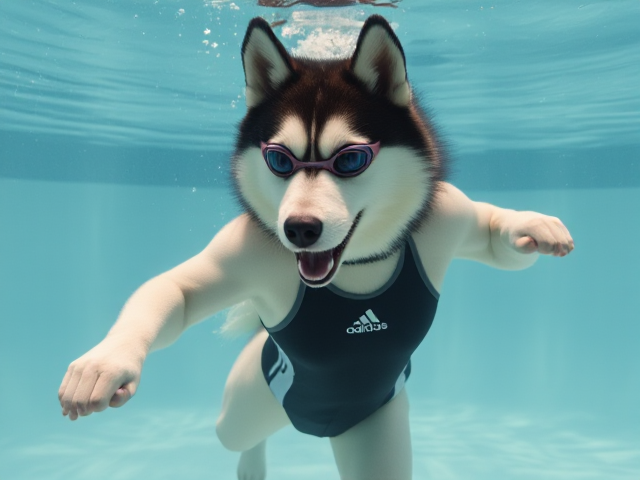 A anthropomorphic Siberian husky wearing an adidas swimsuit and swimming goggles dancing underwater