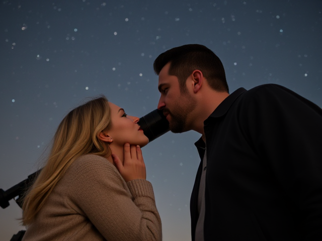 Show an image of a blonde 40 year old woman kissing a taller man beside a telescope with stars overhead. The man is 50 with dark hair and has no beard