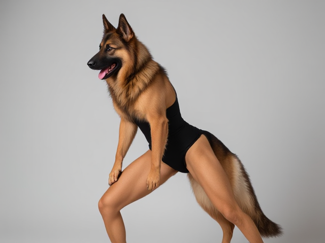 Anthropomorphic German shepherd with long hair wearing a one-piece swimsuit, showcasing an athletic build, set in a dynamic pose against a neutral background