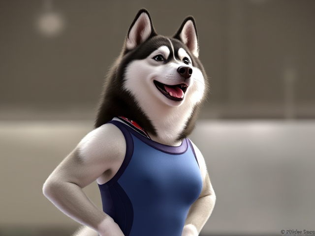 A anthropomorphic Alaskan malamute Olympic gymnast wearing a leotard