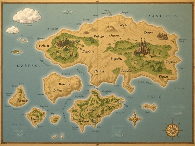 A flat fantasy map on a paper of a lot of big and small islands with fantasy writing names that you can’t even read and kingdoms with no color, anime