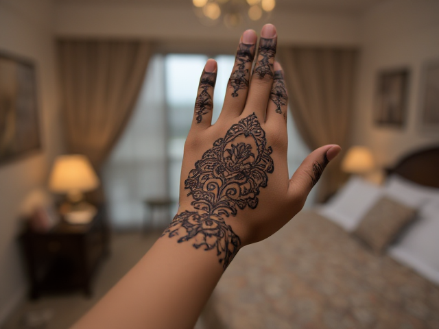 Henna on an Indian woman's hand, background bedroom
