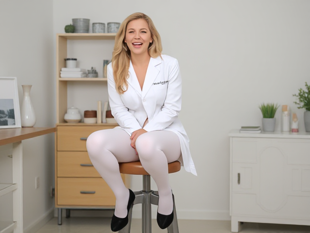 Surprised Beautiful blonde scientist woman in white pantyhose and black heels laughing hysterically on a stool with a huge smile