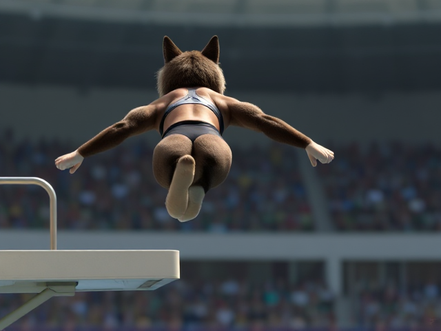 A anthropomorphic wolf Olympic diver wearing a high-cut one piece swimsuit jumping off a springboard