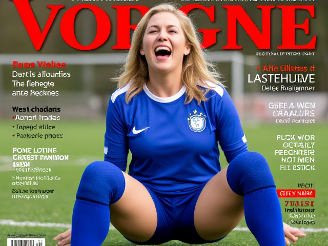 Full body picture of a forty-something blonde woman soccer player in blue uniform with blue thigh-high socks and knee pads howling in laughter on a magazine cover