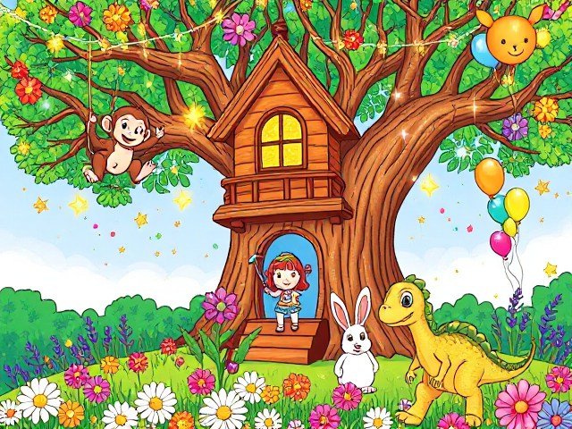 Create an enchanting cover for a toddler's coloring book that invites children into a magical adventure. Picture a colorful treehouse nestled in a vibrant, oversized tree, its branches adorned with bright, oversized flowers and playful, sparkling fairy lights. In front of the treehouse, a cheerful cartoon girl with rainbow-colored hair is joyfully painting a giant canvas, surrounded by a lively cast of adorable animals.

A mischievous monkey swings from the branches above, tossing colorful paint splatters that fall like confetti. Below, a fluffy bunny is playfully jumping through a patch of dazzling daisies, while a tiny, curious dragon with shimmering scales peeks out from behind the tree trunk, its eyes wide with excitement.

In one corner, a friendly dinosaur with big, expressive eyes is sitting down, carefully holding a crayon in its tiny claws, ready to join the fun. Surrounding the scene are floating, sparkling stars and colorful balloons drifting through the air, creating an atmosphere of joy and creativity.

The entire design should be bursting with vivid colors and whimsical details, enticing young children and their parents with a sense of adventure and imaginative play. This magical cover will ignite a passion for creativity in every child, making them eager to explore the colorful world within the book.