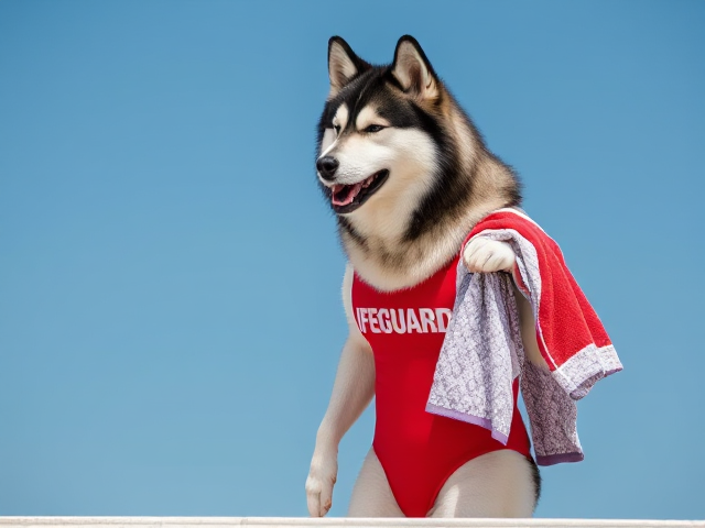 A anthropomorphic alaskan malamute  wearing a red lifeguard one piece swimsuit drying off with a towel