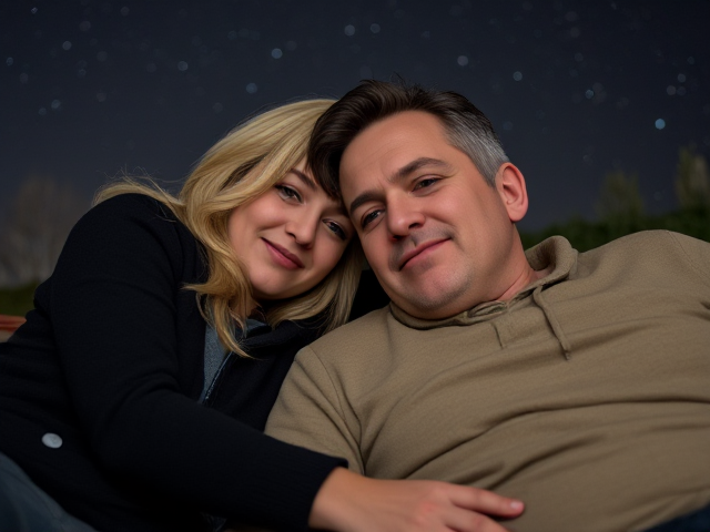 Show an image of a blonde 40 year old woman cuddling with a 62 year old taller man on a blanket with stars overhead. The man has dark hair and is clean shaven