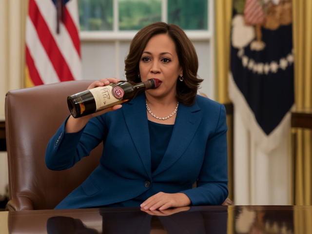 Kamala Harris drinking a bottle of "Joy" wine in the oval office.