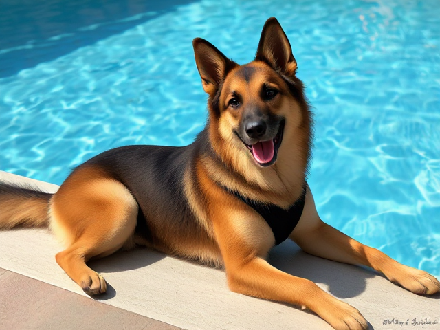A anthropomorphic long haired German shepherd with a long torso and broad shoulders wearing a adidas bathing suit while lying on her back next to a swimming pool