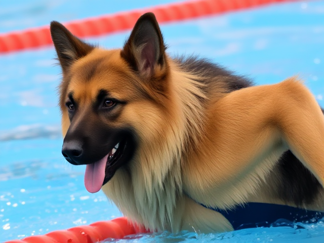 A anthropomorphic long haired German shepherd Olympic swimmer wearing a high cut one piece swimsuit