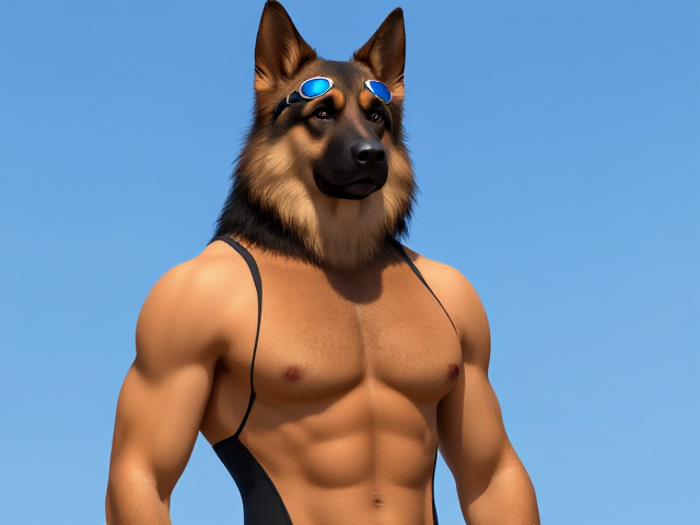 A tall and lean anthropomorphic long haired German shepherd with a long torso and broad shoulders wearing a high cut Nike one piece swimsuit and swimming goggles