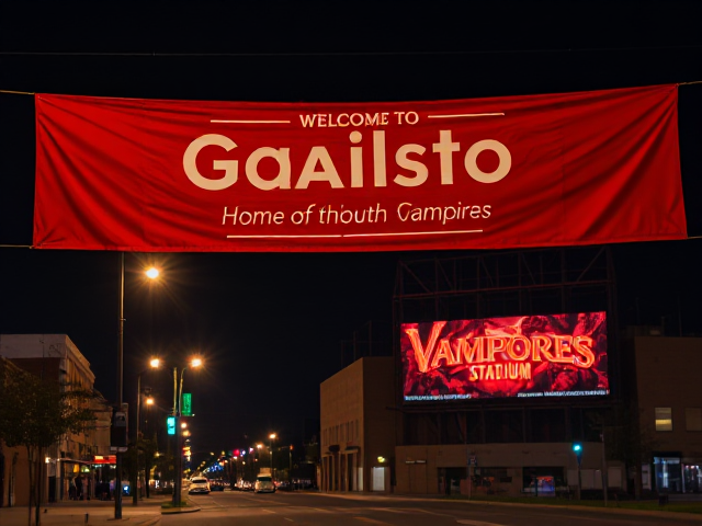A hometown with a red banner with welcome to Gailston south Carolina home of the vampires written on it in white, and a minor league baseball stadium with vampires stadium billboard in red