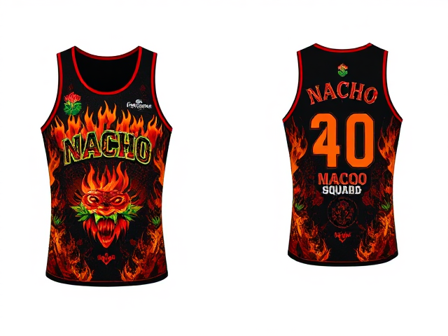 A singlet for a team called Nacho average squad with vibrant Mexican colours and fiery chilli theme, main colour black