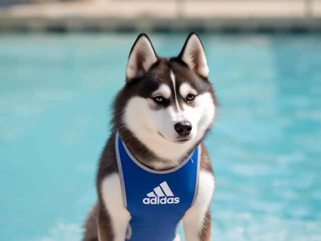 A cute anthropomorphic Siberian husky wearing an adidas swimsuit