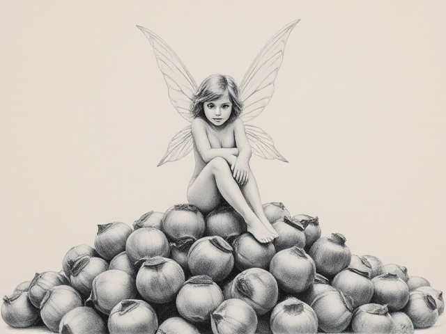 Fairy sitting on a pile of unshelled hazelnuts, Enchanting, Victorian, Fairy Tale