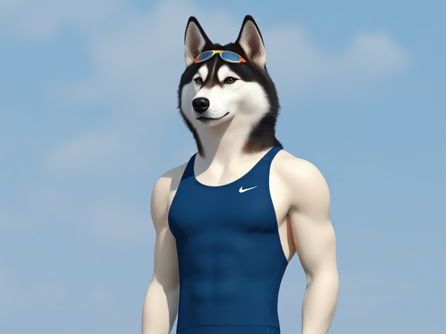 A tall anthropomorphic Siberian husky with a long torso and broad shoulders wearing a high cut Nike one piece swimsuit and swimming goggles