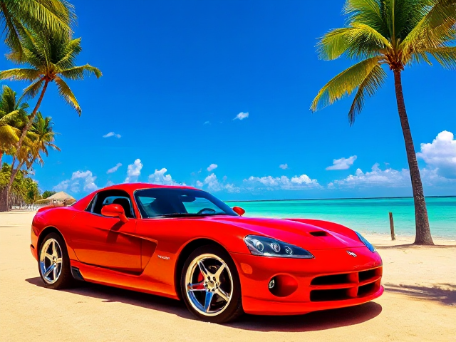 Voiture Viper rouge étincelante, reflets métalliques lumineux et vibrants, design aérodynamique, jantes chromées brillantes, sur fond de plage tropicale idyllique avec palmiers élancés se balançant doucement, ciel ensoleillé d'un bleu azur profond parsemé de quelques nuages blancs cotonneux, sable doré et scintillant comme des diamants sous le soleil éclatant, mer calme et turquoise aux nuances émeraude