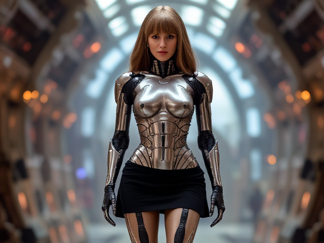 Judith Chapman as a futuristic robot, sleek metallic body, intricate mechanical details, sci-fi setting, full head hair, westworld, torso, legs, black skirt