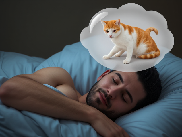 A very handsome man sleeping in bed & dreaming. He has a dream bubble over his head. Inside the dream bubble is A pretty female orange and white female cat playing with him