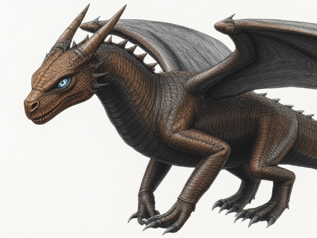 Female dragon with leather brown scales and dark midnight-black wings; obsidian black underbelly and dark brown clawed feet. She has a deep, jagged scar crossing the left side of her face from her eye down to her nose, alongside small yet numerous battle marks and scratches. Her eyes are ice blue. Narrow, beautiful face and an elegantly long neck. Has ears like a horse. Powerfully and dominantly built with taut muscles under her scales. She moves purposefully and proudly; has an expression of hope in her face