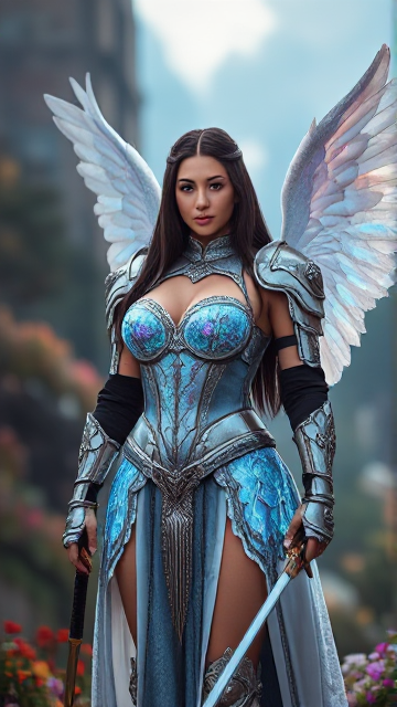 In this breathtaking photograph, a captivating gorgeous female angelic knight stands tall and confident, emanating an aura of strength and grace. Her mesmerizing holographic translucent crystal corset-like armor shimmers with an ethereal soft glow, casting a mesmerizing light on her surroundings. Her long, flowing dark hair contrasts beautifully with the intricate embroidery designs adorning her armor, creating a sense of harmony between her ethereal appearance and human touch. Her swords are poised and ready, a testament to her preparedness for any challenge that may come her way. The blurred mystical landscape behind her is filled with enchanting flora and otherworldly elements, creating a dream-like atmosphere that draws the viewer into this captivating scene. The words "ODYVA" correctly written in a beautiful font and in the corner the name "Angel" is written. The overall ambiance of the photograph is magical and immersive, leaving a lasting impression on the viewer.
