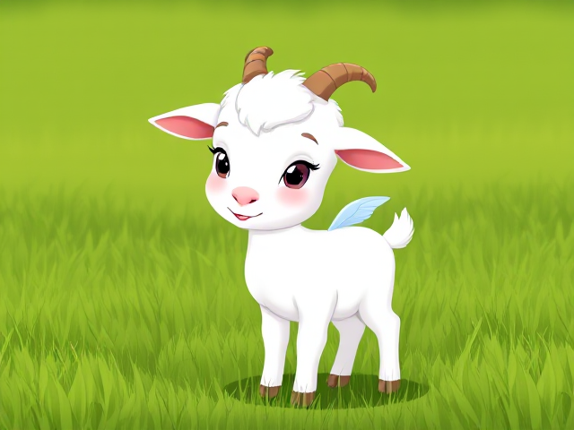 A cartoon image of a Baby goat with small, delicate wings, standing in a lush green meadow.