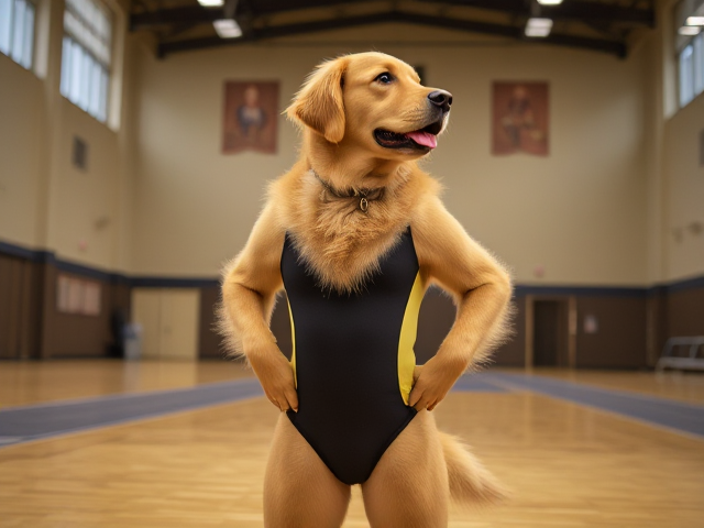 Anthropomorphic golden retriever with large hips, wearing a gymnastics leotard, in a gymnasium setting, detailed and vibrant