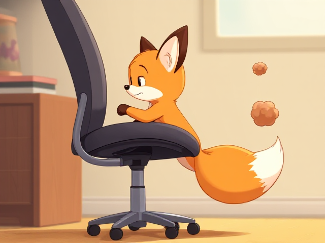 A very adorable illustration of a small two-tailed fox named Tails, struggling to climb onto an office chair due to his tiny size, he has his front paws on the seat of the chair, attempting to pull his cute little butt up onto the seat as well, the world around Tails appears to be much bigger than usual, with a little brown fart cloud emitting from his butt