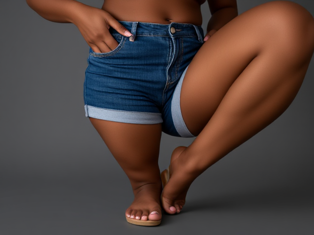 Curvy Black woman with smooth, shapely legs in form-fitting denim shorts and flat sandals, close up on feet