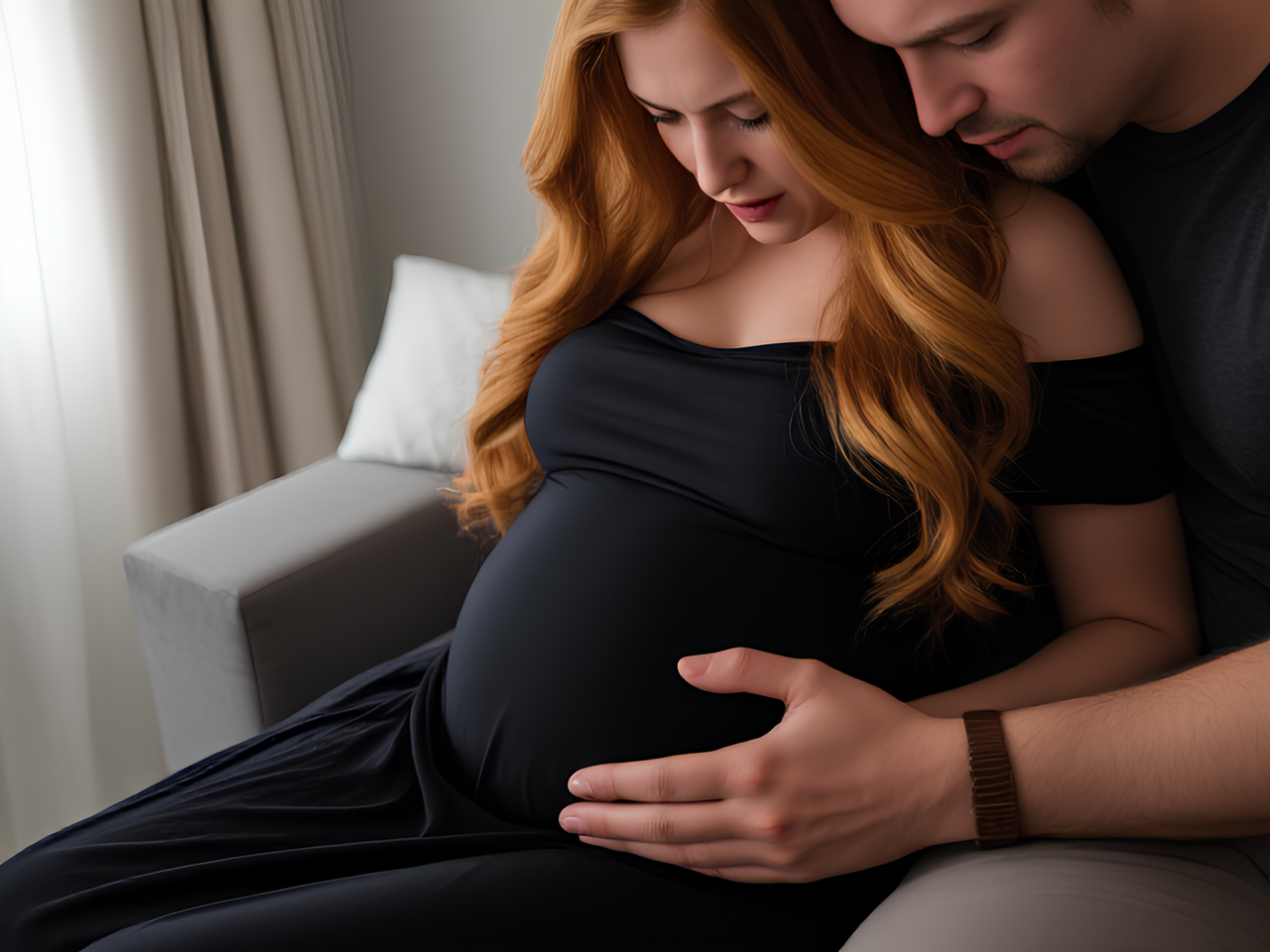Pregnant woman with long, flowing ginger hair, wearing an elegant black nightgown, her face full of pain and emotion, sitting tenderly on her husband's lap as he gently rubs her stomach in a comforting and serene setting
